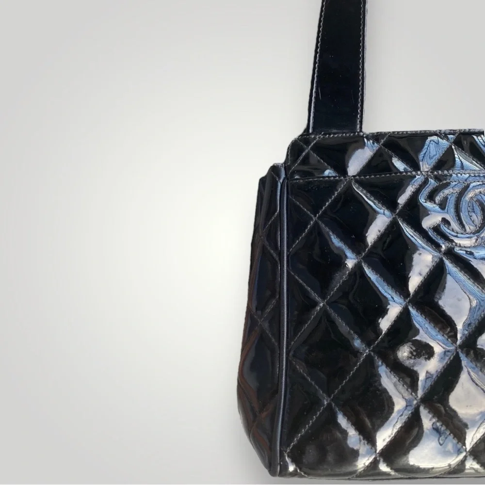 Chanel Black Patent Leather Diamond Quilt Mini Tote Bag